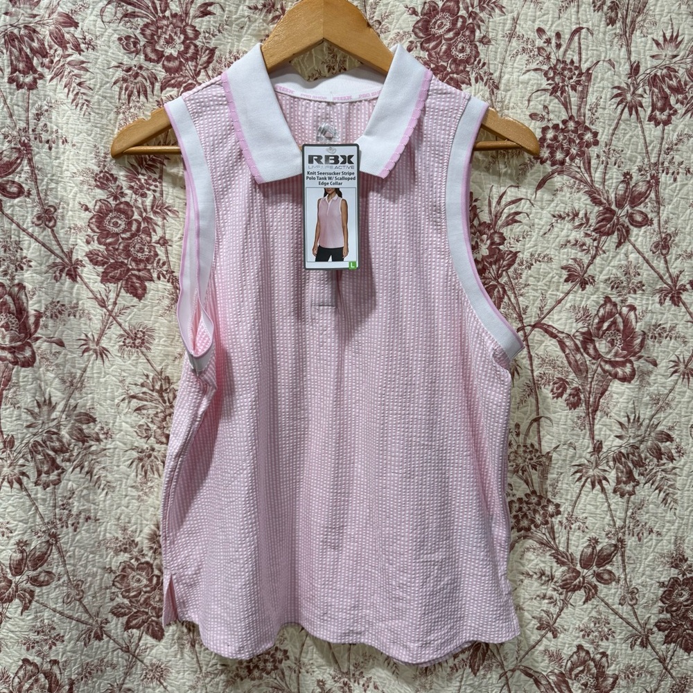 RBX Women’s Pink Seersucker Polo Tank Sleeveless Top Size L NWT